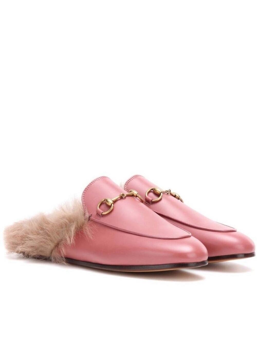 Gucci Princetown Pink Leather Fur Trim Horsebit Mules Size 37
